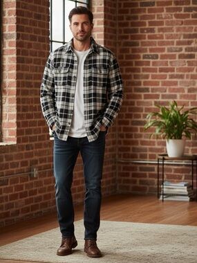Goodfellow & CO Men’s Black & White Plaid Flannel Shirt Size Medium